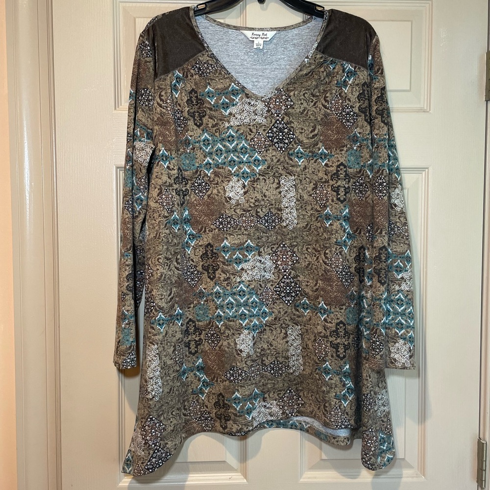Krazy Kat Brown and Blue/Green V-Neck Geometric Tunic, Size Large
